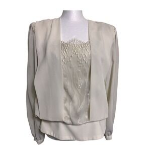 In The Mood Vintage Women's Blouse Size‎ 8 Ivory Long Sleeve Button Waist
